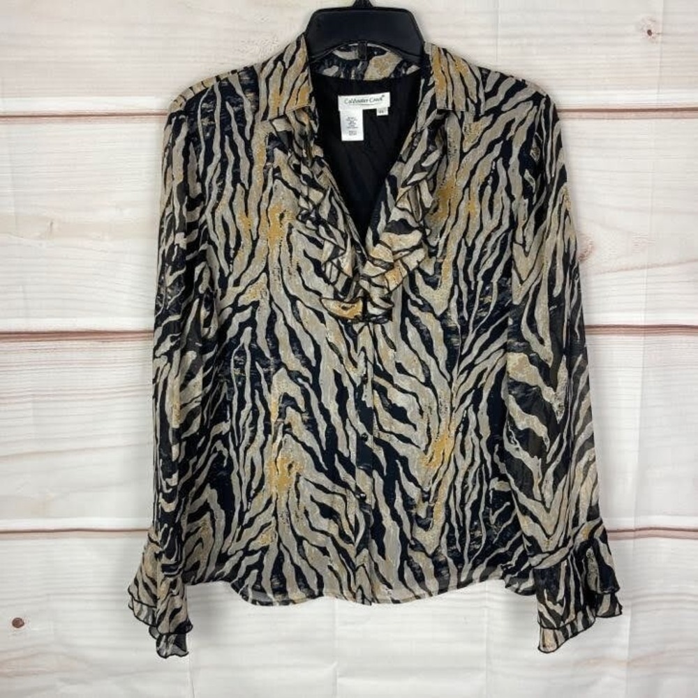 Coldwater Creek Top Women PL Multicolor Zebra Print Silk Ruffle Long Sleeve